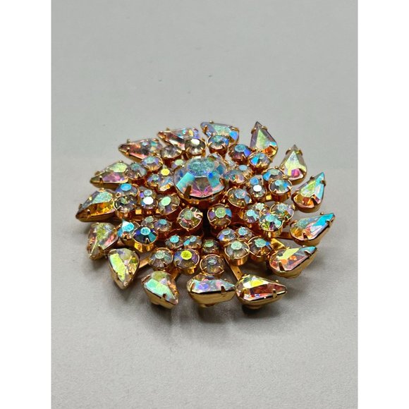 Kramer of NY Signed Vintage Pin Brooch AB Aurora Borealis Stones Layered Design - Picture 2 of 7